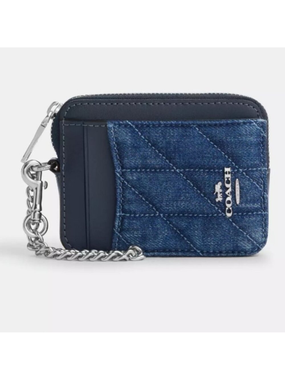 COACH Zip Card Case Wallet Quilted Denim Blue Silver Brand New NWT